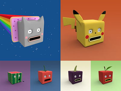 Distressed Cube: Batch 1 selection 05 3d apple c4d character character design cinema4d cube eggplant fruit illustration meme nintendo nyan cat pikachu pokemon render tomato vegetables watermelon