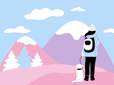 Walking out the dog in the mountains dog flat flat illustration forest girl hiking illustration mountains snowy vector walking woman