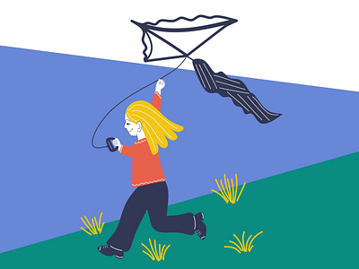 LITTLE GIRL FLYING A KITE flat flat illustration fly a kite flying a kite girl illustration kite little girl outdoors outside running vector