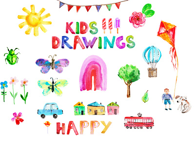 Kids drawings butterfly car card cute drawing family flower illustration kids naive nature nursery poster rainbow sun tree watercolor
