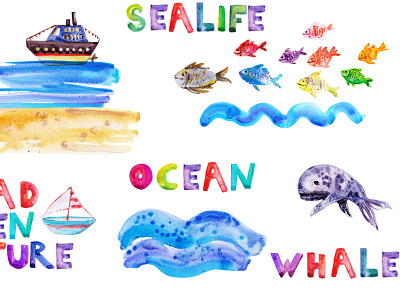 Sealife beach boat fish kids navy ocean resort sea ship tropical watercolor wave whale