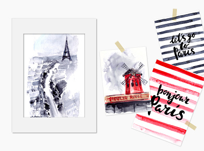 Bonjour Paris city cityscape eiffel tower europe france illustration journey landmark mouline rouge panorama paris skyline tower travel watercolor