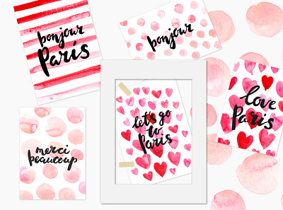 Bonjour Paris black dots french heart love paris pink red romance stripes texture travel watercolor