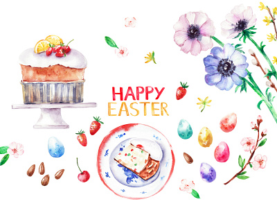 Easter set anemone branch cake easter egg flower happy illustration spring watercolor willow