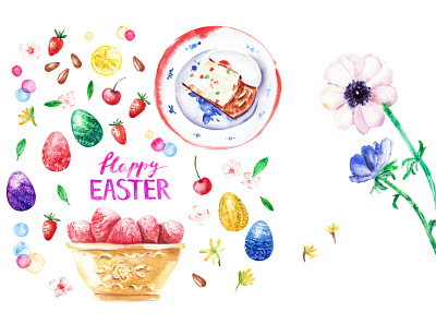 Easter set anemone background cake card easter egg flower pattern spring watercolor