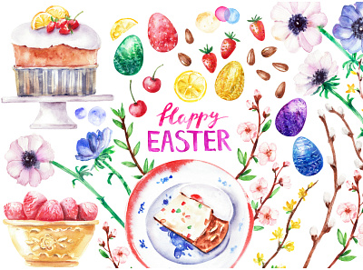 Easter set anemone cake card easter egg flower food forsythia party spring watercolor willow