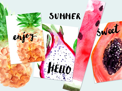 Happy summer set beach card fruit leaves palm pineapple poster summer tropical vacation watercolor
