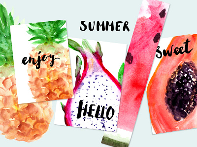 Happy summer set beach card fruit leaves palm pineapple poster summer tropical vacation watercolor