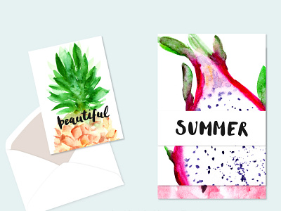 Happy summer set beach fruit illustration leaves palm pineapple summer tropical vacation watercolor