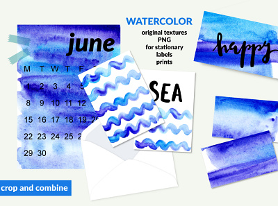 Summer watercolor set beach blue calligraphy diving hawaii island lettering ocean palm pattern resort river sea stain summer texture tropical water watercolor wave