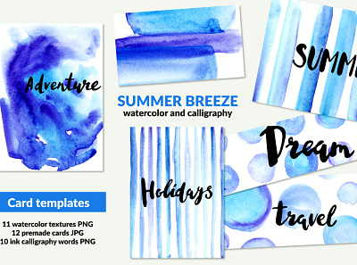 Summer watercolor set beach blue calligraphy hawaii island ocean pattern sea stripe summer texture travel tropical watercolor wave