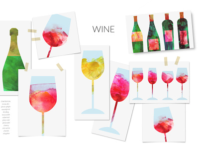 Wine set bar celebration champagne clipart illustration menu party restaurant watercolor wedding wine wine bottle wine glass wine list