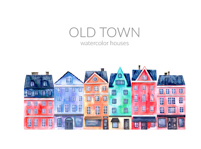 Old town watercolor houses christmas city house snow street town urban watercolor winter