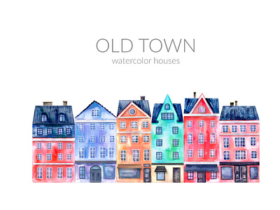 Old town watercolor houses