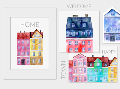 Old town watercolor houses architecture building christmas city home house snow town urban winter