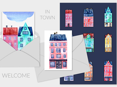 Old town watercolor houses architecture building christmas city house new year street town watercolor winter