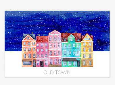 Old town watercolor houses architecture building celebration christmas city europe holiday home house new year night snow street town winter