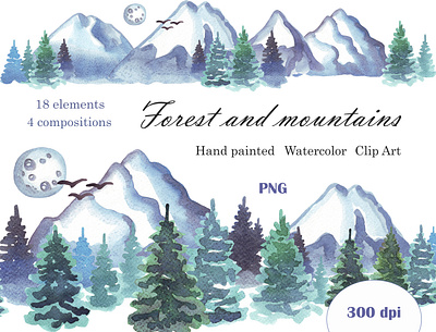 Forest and mountains. Watercolor illustration. Hand drawn christmas png christmas tree christmas watercolor digital png forest and mountains forest png hand drawn landscape png mountains png printable clipart scandi clipart png watercolor clipart