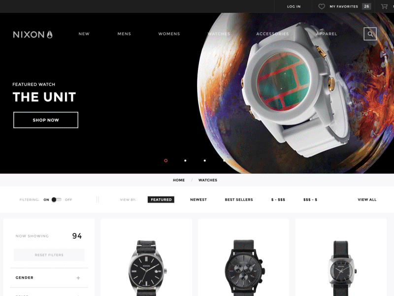 Nixon Product Category Interactions basic category page ecomm ecommerce gif nixon pcp product watches