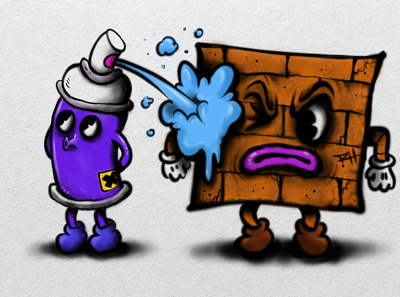 Spray vs Wall cartoon character design characters funny graffiti illustration quirky retro rubberhose spray can wall
