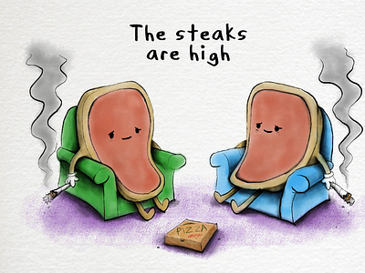 The steaks are high cartoon characters faces food funny illustration pun quirky smoking stoned