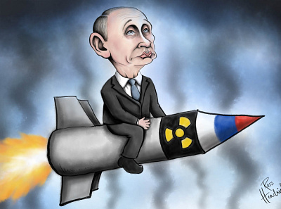 Putin riding nuclear missile caricature cartoon dr strangelove editorial illustration nuclear political politics putin russia ukraine war