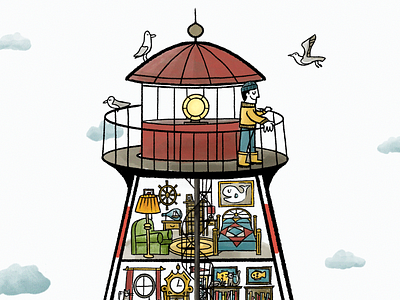 The Busy World of a Lighthouse coastal digital art illustration lighthouse ocean procreate seagull