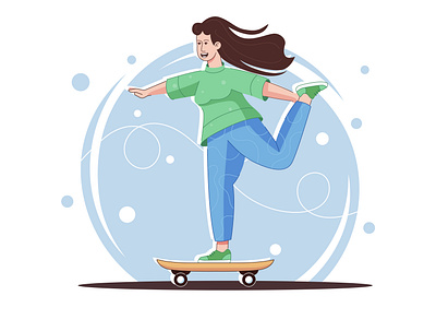 Happy young woman on a skateboard cartoon concept design flat girl happy illustration line linear runs scateboard woman youth