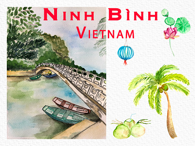 Watercolor illustration of Vietnamese Ninh Binh province design grafic illustration travel typography vietnam watercolor