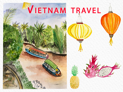 Watercolor illustration of travel along the Mekong river Vietnam branding design grafic illustration mekong river travel trip vietnam watercolor