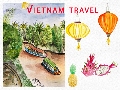 Watercolor illustration of travel along the Mekong river Vietnam