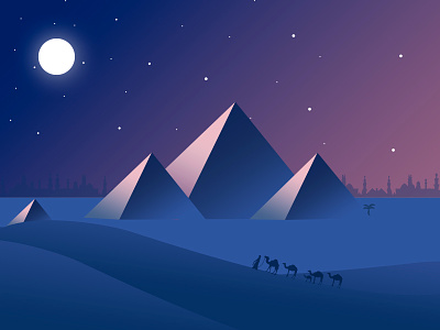 Night flat design pyramid illustrations camel dates desert environment horizon illustration monument night orange pyramid wonders