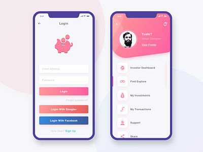 Funds Investment UI blue funds investment iphonex login mobile money pink profile ui ux