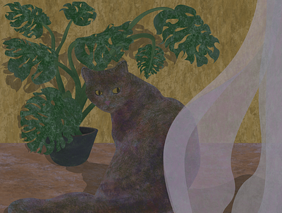 Rustle of curtains cat cute art digital illustration monstrella plant