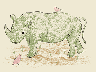 Green rhino animals art cute art digital drawing illustration print rhino and birds