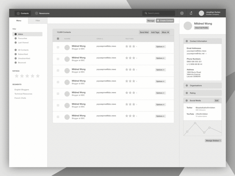 Prezly Contacts - Wireframes contacts crm profile ui ux web app wireframes wires