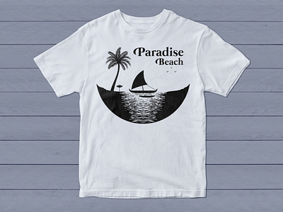 Paradise Beach and Sailboat with the Pacific Proa Silhouette apparel black branding design graphic design illustration logo logo vector paradise beach proa sailboat sea shirts silhouette summer t shirt t shirt tee