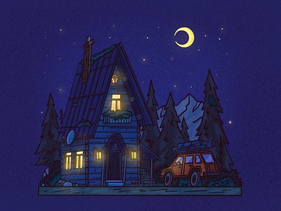Pleasant night 🏠 car forest house illustration light night procreate senko