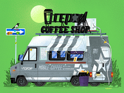 Сoffee truck №3 bird bush coffee hero illustration senko truck van