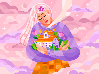 House in hands 💖 care clouds girl house illustration love senko vector