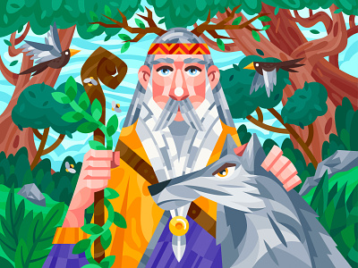 Wise Druid beard bird druid forest illustration senko vector wolf