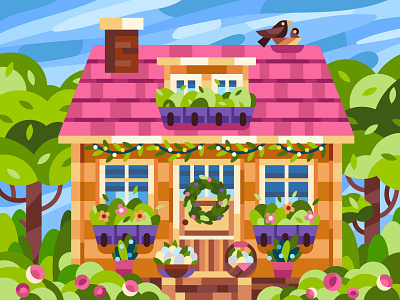 Country House bird easter eggs house illustration senko tree vector