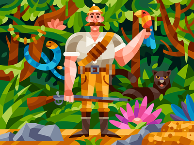 Hunter in jungle gun hunter illustration jungle panther parrot senchenko alexey senko