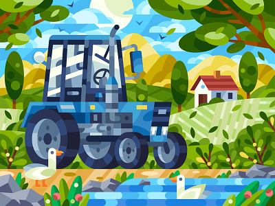 Landscape with tractor gallery: coloring book decor gosling illustration landscape senko tractor vector village