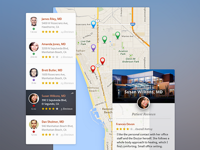 Doctor Review application background blue blurred doctor flat location maps patient ratings review ui
