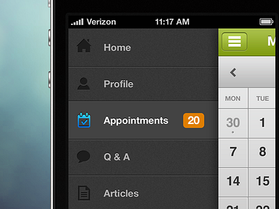 Menu design app application appointment calendar clean dark green icons iphone list menu notification number ui