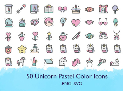 50 Unicorn Pastel Colored Icons PNG | SVG cotton candy crystall ball diamond fairy tale fantasy folklore heart icon lollipop love magic magic wand potion rainbow satle shooting star sword unicorn wand wings