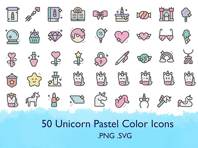 50 Unicorn Pastel Colored Icons PNG | SVG