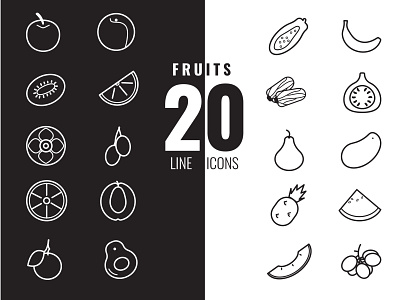 Black and white fruit icons app black branding color design fruit fruits graphic design icon icons illustration lineart logo outline ui