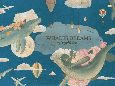 Whales Dreams Collection airballons fantasy whale fine art collection floral floral whales flowers planes pre made compositions pre made designs pre made frames sea sea animal seamless patterns sky whale clip art whale in clouds whale png whales whales in the sky